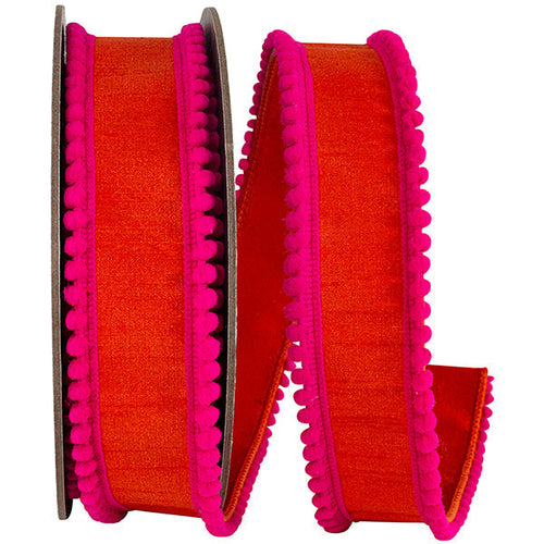 1.5" X 5 YRDS POM POM MINI EDGE TRIM DUPIONI DELUXE WIRED EDGE RIBBON ORANGE/FUCHSIA-0
