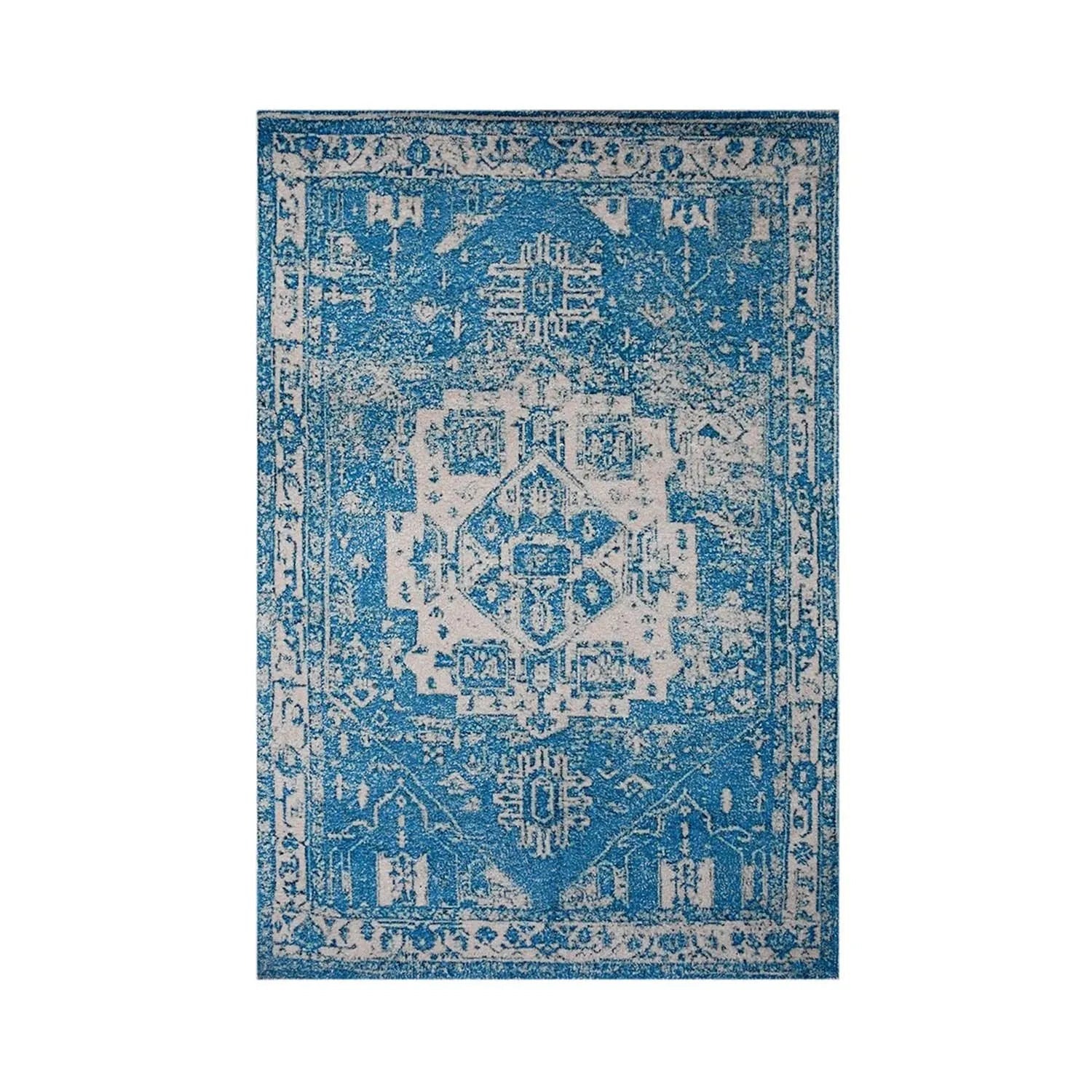 Multi Sizes Handmade Micro Printed Polyester Traditional Oriental Area Rug Blue, White Color